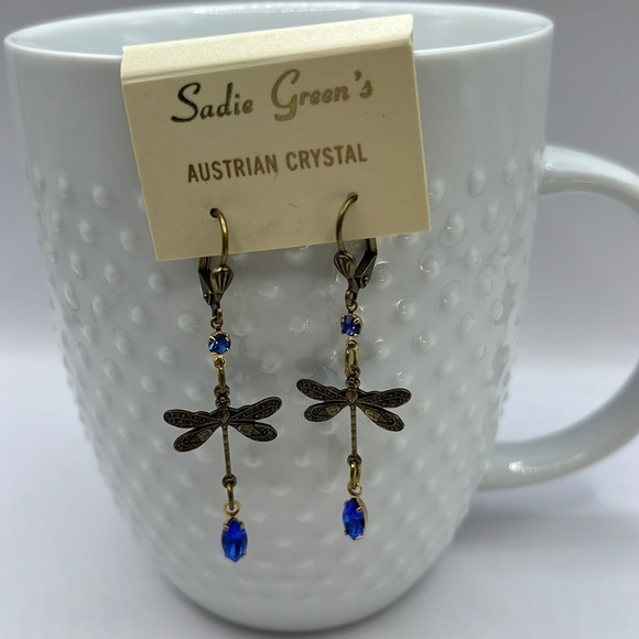 Blue Austrian Crystal Dragonfly Earrings. Brass Findings Dangling Earrings Blue - Picture 4 of 11